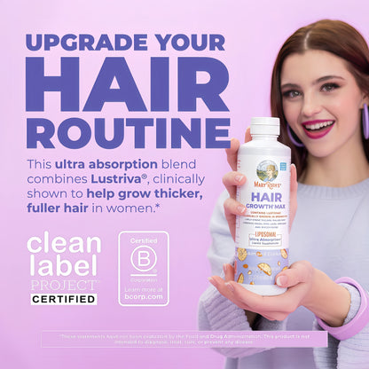 MaryRuth's Hair Growth Max Liposomal for Women | Lustriva® + Biotin 10000mcg + Pumpkin Seed Oil | Thicker Hair | Hair Care | Wrinkles, Fine Lines, Skin Care | Ages 18+ | CLP Certified | 15.22 Fl Oz